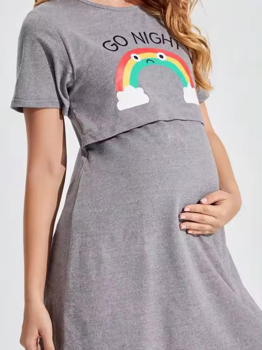 Pijama de manga corta para mujeres embarazadas, ropa informal de lactancia con patrón de letras de arcoíris, primavera y verano - 1