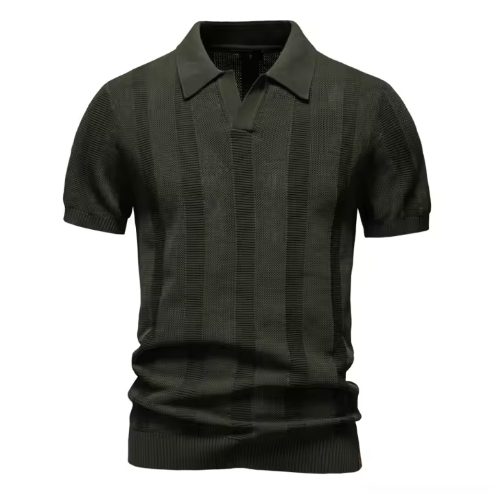 Camisa Polo para Hombre con Patrón Sólido y Rayado, Malla Transpirable y Tejida, Cuello en V, Casual de Verano - 1