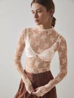 Camiseta transparente con agujero para el pulgar de encaje floral para mujer, camiseta de manga larga con cuello simulado de moda, top de mujer para uso diario - details 3