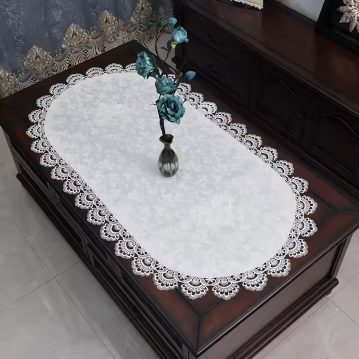 Mantel de encaje ovalado con bordado de flores, cubierta para mesa de té a prueba de aceite de Dacron, mantel individual Vintage exquisito para mesa de centro, hogar - 1