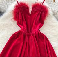 Vestido de fiesta de estilo navideño para mujer, diseño elegante de plumas, línea A - details 2