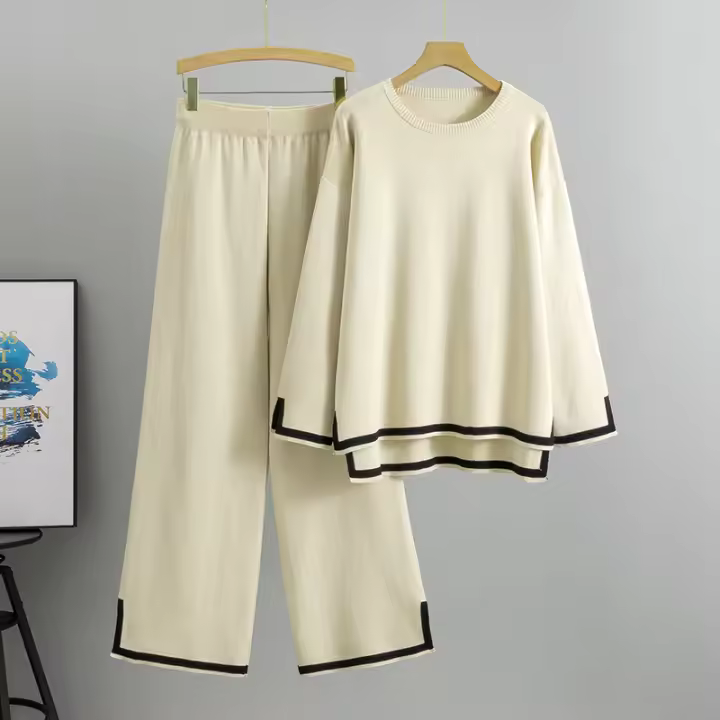 Traje tejido para mujer 2 Conjunto de ropa de mujer de color sólido de manga larga, traje de cuello redondo y pantalones sueltos - 1