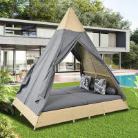 Juego de salón de jardín, tienda de ratán, apto para 2-4 personas, incluye todos los cojines de asiento y almohadas, ratán beige, cortina de puerta gris, cojines de asiento con cremallera, extraíbles y lavables - details 0