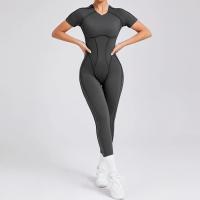 Ropa de Yoga de manga corta ajustada de Color sólido, pantalón largo Sexy con espalda descubierta, mono para entrenamiento de gimnasio, ropa deportiva de secado rápido de una pieza para Fitness - details 24