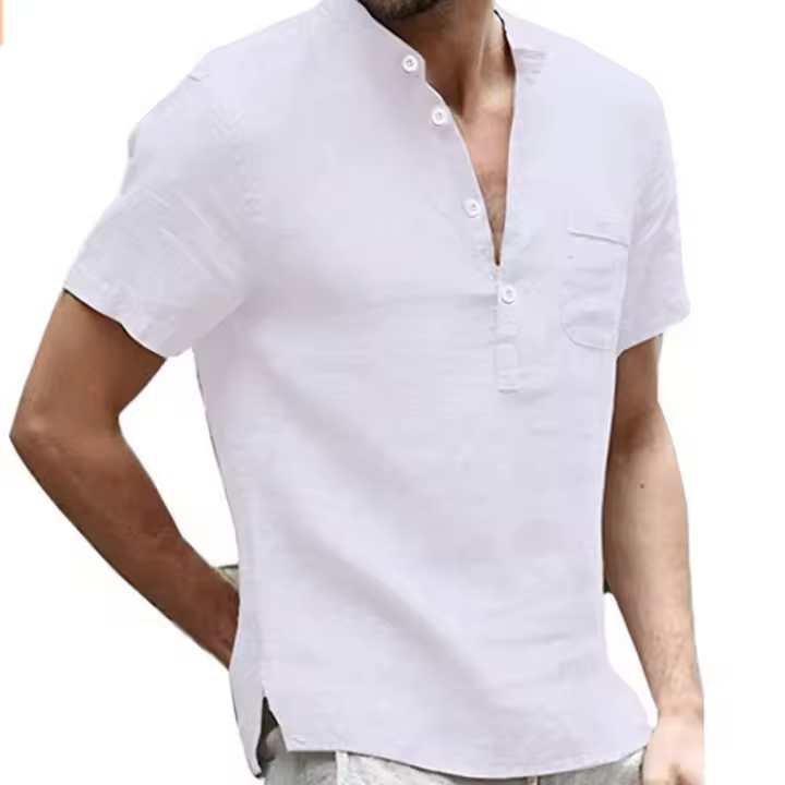 Camisetas informales de lino y algodón para hombre, camisas transpirables de manga corta con cuello en V y botones, S-5XL - 1