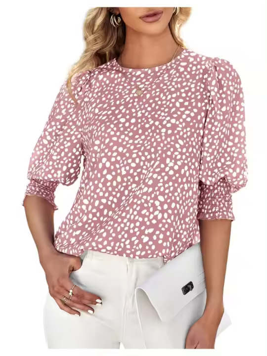 Camisa holgada de gasa con estampado para mujer, camisa de manga corta con cuello redondo para verano - 1