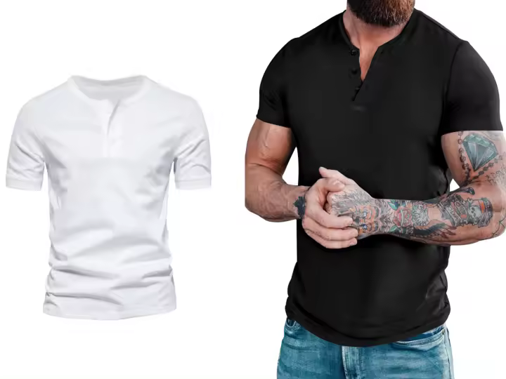Camiseta de manga corta Henley para hombre, ropa informal de algodón, M-6XL, blanco y negro, paquete de 2 - 1