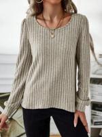 Suéter de Manga Larga para Mujer Jersey Informal a Rayas Verticales, Holgado, Color Sólido, Cuello Redondo, Moda de Otoño 2025 - details 2
