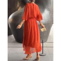 Vestido de verano para mujer, cuello en V, manga corta, plisado, Irregular, rojo, elegante, falda Midi negra para fiesta para mujer - details 6
