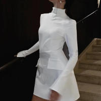Elegante Vestido de Cintura Ancha con Mangas Largas Color Sólido Ajuste Delgado Abrazo de Cadera - details 5
