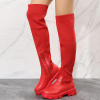 Botas de cuero por encima de la rodilla para mujer, zapatos de tacón grueso de punto rojo, terciopelo cálido, punta redonda, transpirables, talla grande, invierno, 2023 - details 2