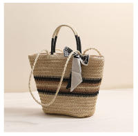 Bolso de paja de un solo hombro a rayas, bolso tejido a mano para mujeres, bolso de playa para vacaciones - details 6