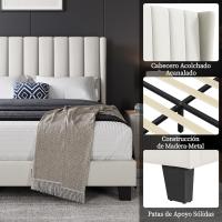 Cama tapizada con cabecera a rayas con alas de láminas de madera y metal, cama matrimonial color beige. - details 7