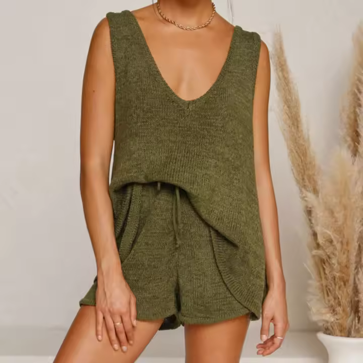 Verano 2025 Moda Casual Chaleco con cuello en V profundo Tether Conjunto de suéter de punto para mujer Conjunto de dos piezas - 1