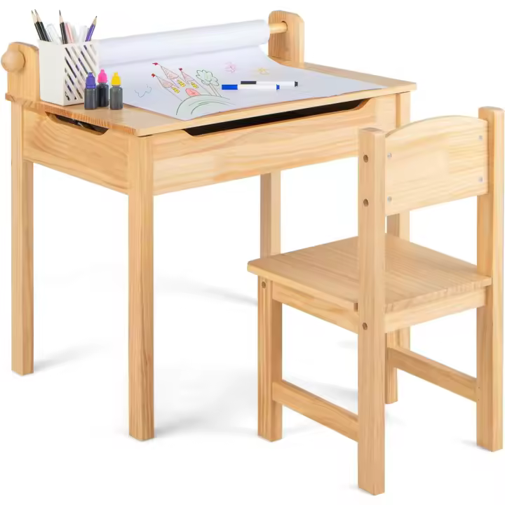 Mesa de Actividades para Niños de Madera Con Silla Escritorio Infantil con Soporte para Papel para Dibujar, Estudiar y Juegar - 1