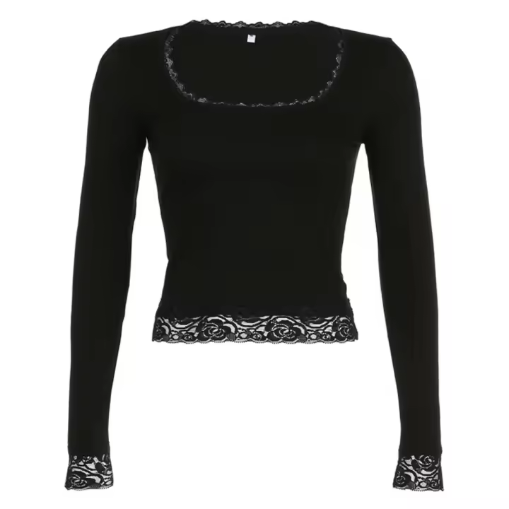 Camiseta corta negra con costuras de encaje Vintage para mujer, camiseta básica ajustada de manga larga, camiseta lisa informal - 1