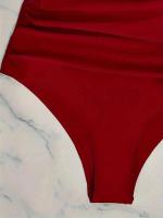 Traje de baño de malla de contraste de una pieza, traje de baño de control de barriga sin espalda de color sólido con cuello en V de corte alto y ropa para mujer - details 5