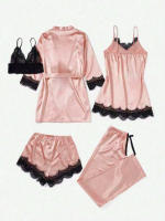 Conjunto De Pijama De Seda Para Mujer 5 Piezas Lencería Sexy De Encaje Camisola Y Pantalones Ropa Interior Para Dormir En Casa - details 12