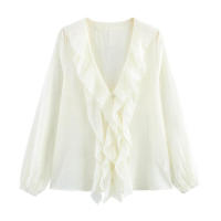 OUWU- Camisa De Manga Abombada Con Volantes Y Decoración En Capas Con Cuello En V, Versátil, Dulce, A La Moda, Estilo Europeo, Nueva - details 1