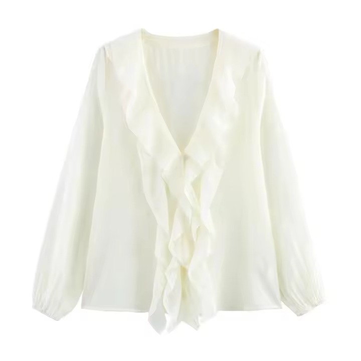 OUWU- Camisa De Manga Abombada Con Volantes Y Decoración En Capas Con Cuello En V, Versátil, Dulce, A La Moda, Estilo Europeo, Nueva - 1