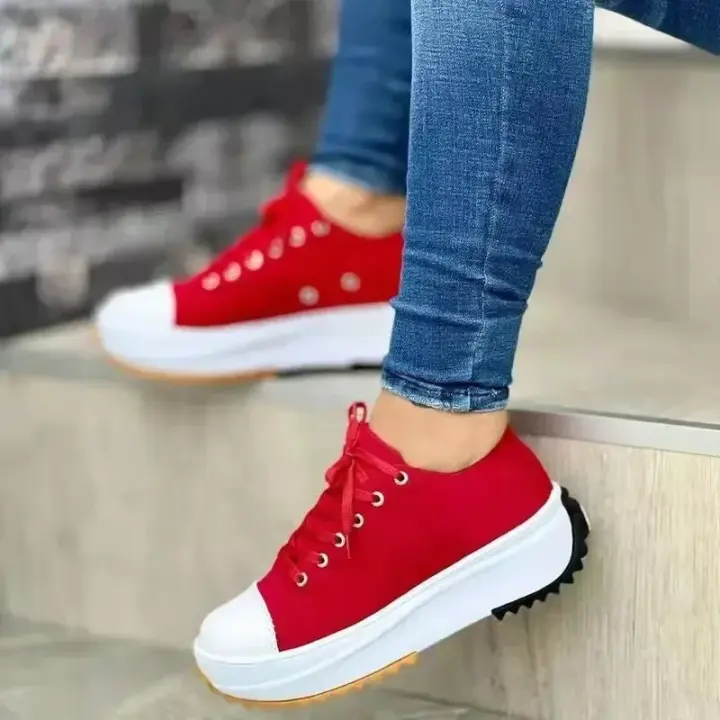 Zapatillas de lona con patrón para mujer, zapatos informales, zapatillas planas con cordones - 1