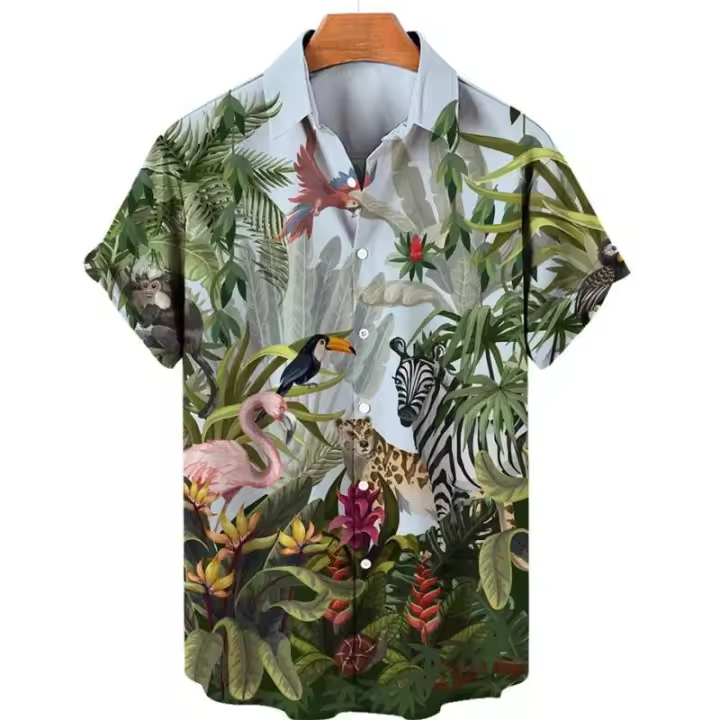 Camisa casual para hombre con estampado 3D flamenco de la selva, top de manga corta - 1