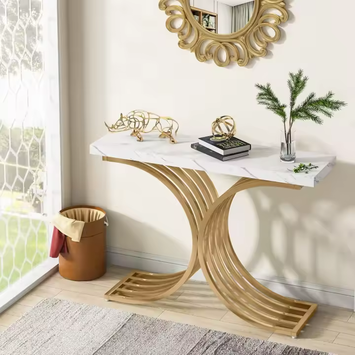Mesa Consola Recibidor de Marmol, Entrada Estrecha de Mármol Dorado para Salón o Pasillo Estilo Industrial con Marco de Metal,Patas Ajustables 100 x 30 x 80 cm (Blanco) - 1