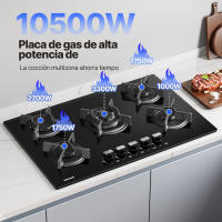 Placa de gas WEHIMO de 5 quemadores, 77 cm, empotrada en cristal, grosor 8 mm, color negro, con protección automática contra llamas, para gas natural o GLP, 10 500 W, 127-240 V - details 5