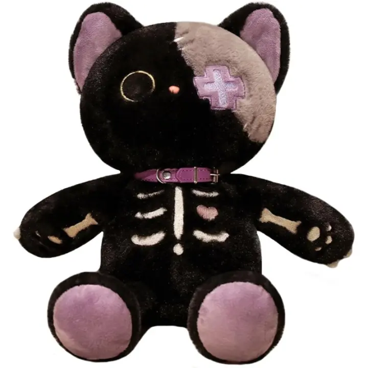 Juguete de peluche de gato esqueleto de Halloween, gatito negro gótico espeluznante relleno con muñeca de gatito loco, regalo de gato de gatito aterrador, 15,7 pulgadas - 1