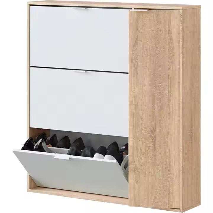 Mueble Zapatero de 4 Puertas Estilo Clásico Acabado en Roble Canadiense y Blanco - 1