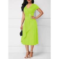 Vestidos de verano elegantes, color sólido, mangas cortas, cuello en V, dobladillo asimétrico, cintura delgada, vestido de fiesta hasta la rodilla, para mujer - details 11