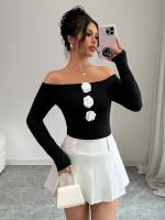 Nueva camiseta de mujer de manga larga con flores en 3D, sin tirantes, de un solo cuello, ajustada - details 3