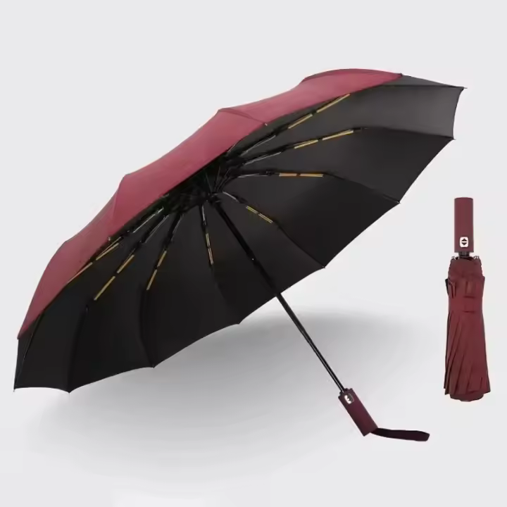 Paraguas completamente automático con pegamento negro de 12 huesos, con quilla gruesa y duradera, paraguas triple, paraguas plegable resistente a los rayos UV - 1