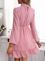 Vestido corto rosa de cintura alta con volantes para mujer, minivestido informal con manga abullonada, cintura anudada, 2024 - details 7