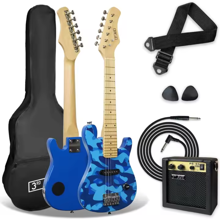 Pack de guitarra eléctrica de tamaño 1/4 para niños principiantes de 3rd Avenue, amplificador portátil de 5 W, cable, funda de transporte, púas y correa, Rojo - 1