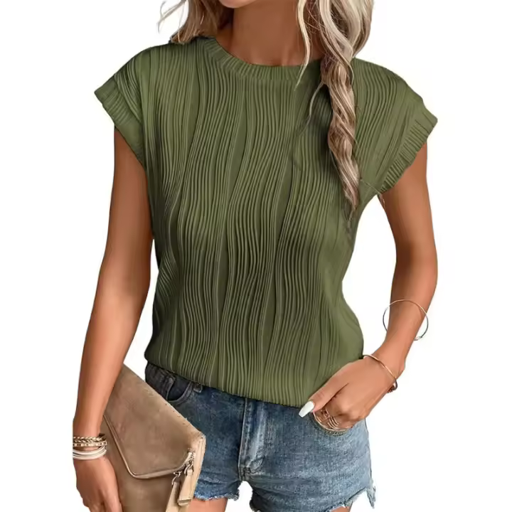 Camisetas con textura de manga corta para mujer, camisetas básicas informales holgadas de punto con cuello redondo, blusas - 1