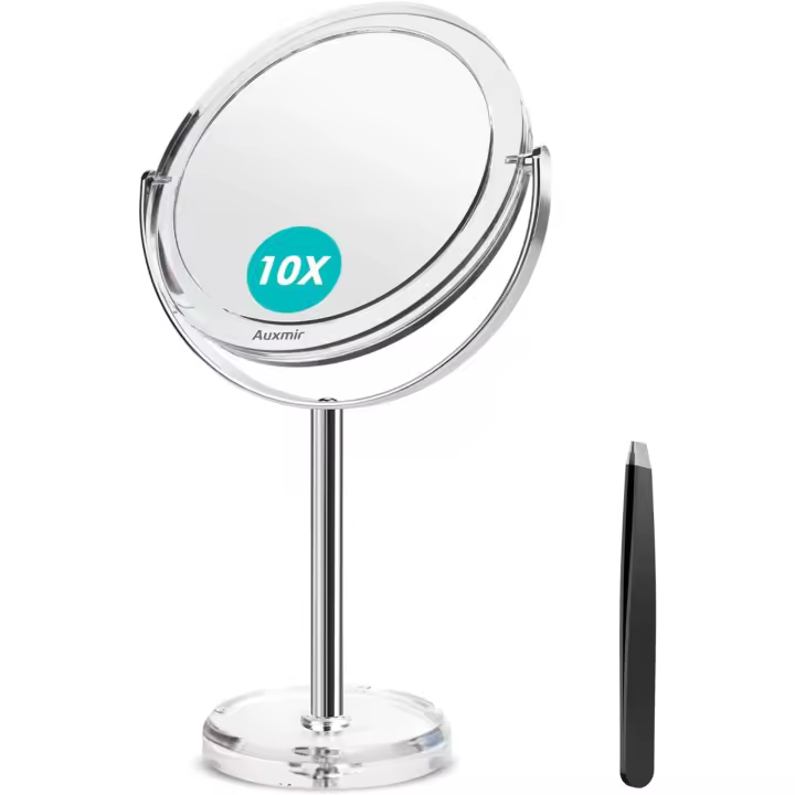 Auxmir Espejo de maquillaje con aumento de 10X/1X, espejo de mesa de baño de doble cara, 360 °   Giratorio para maquillaje, afeitado, cejas. - 1