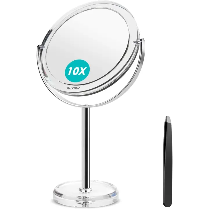 Auxmir Espejo de maquillaje con aumento de 10X/1X, espejo de mesa de baño de doble cara, 360 °   Giratorio para maquillaje, afeitado, cejas. - 1