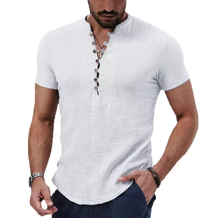 Camisa de lino para hombre, camiseta casual de manga corta, cuello Henry, talla grande, negro, blanco, gris, vino, rojo, beige - 1