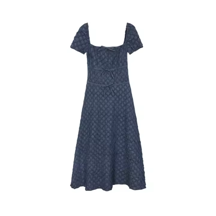 Nuevo temperamento, vestido largo azul para ir al trabajo, moda de verano con cintura, descanso para el café, vestido fino con cuello cuadrado francés para mujer - 1