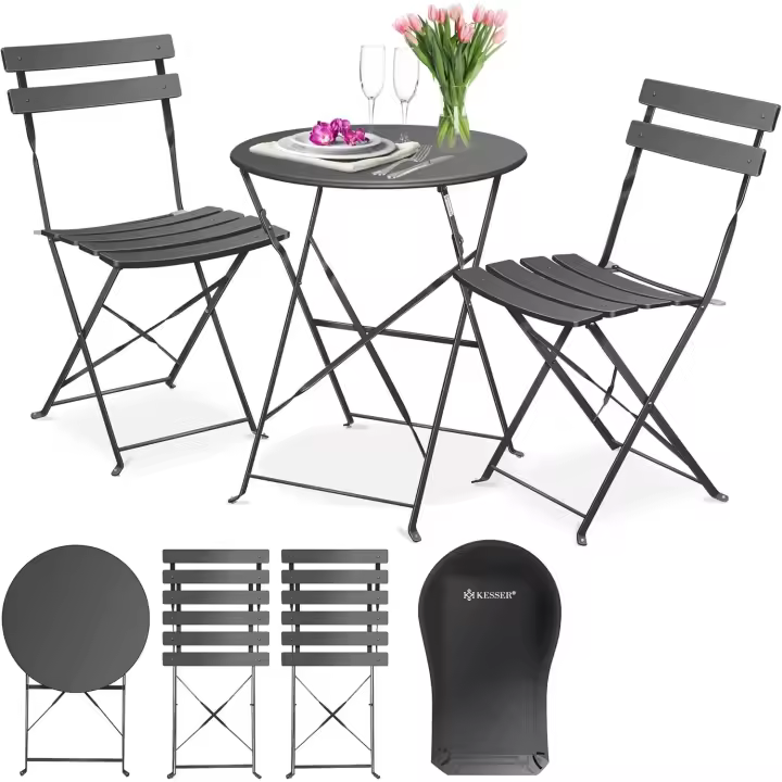 Bistroset 3 Piezas de Mesa de bistró con 2 sillas Plegables, Juego de Muebles de balcón, Muebles de jardín, Juego de Asientos, Muebles de jardín, Grupo de Metal, Mesa de jardín - 1