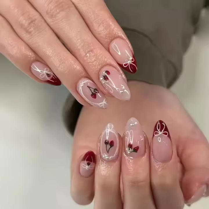 24 Piezas de Uñas Artificiales de Almendra Francesa Decoradas con Lazos 3D y Diamantes - 1