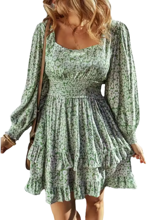 Elrachen Mini vestido con volantes y cintura fruncida con cuello cuadrado y estampado floral para mujer, verde, tallas S-XL - 1