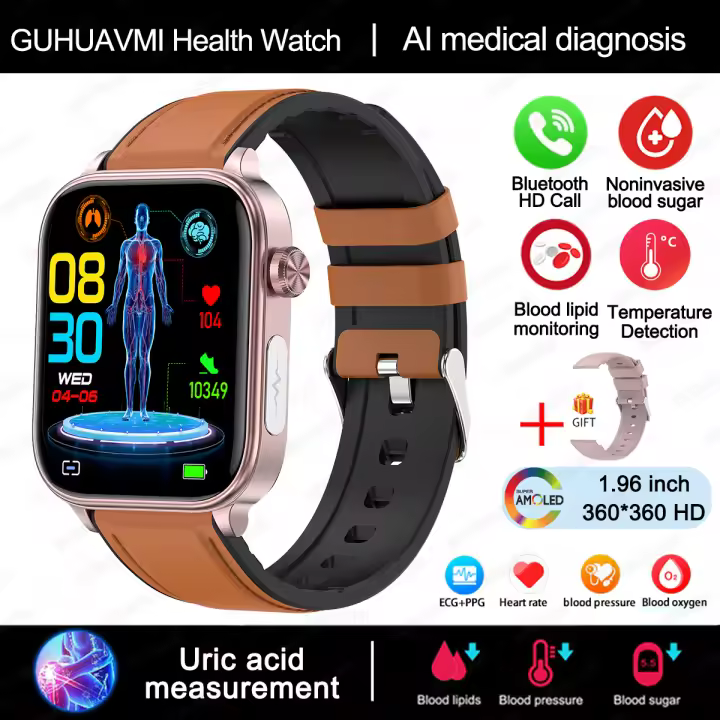 2024 Nuevo ECG + PPG Clase Médica 1,96 inch, 360*360 AMOLED Pantalla complete de HD táctil Smart Watch Azúcar en sangre, lípidos sanguíneos, temperature corporal, Llamada Bluetooth,IP68 a prueba de Agua Reloj Inteligente saludable para Android IOS - 1