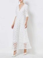 Elegante Vestido Maxi Blanco VGH Cuello en V, Manga Alta, Cintura Recortada, Adelgazante - details 3