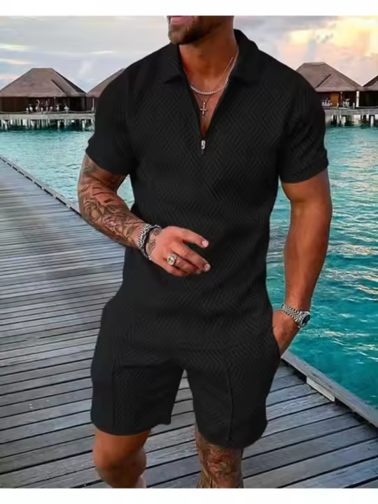 2025 nuevo traje de solapa casual de moda para hombre de manga corta jacquard de color sólido de verano. - 1