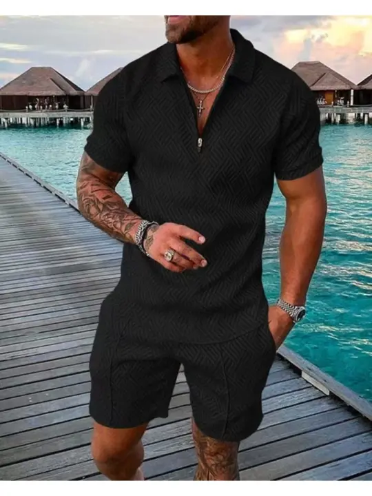 2025 nuevo traje de solapa casual de moda para hombre de manga corta jacquard de color sólido de verano. - 1