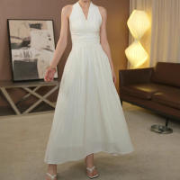 Vestido de Verano Largo con Cintura Estilo de Vacaciones Francés Beige - details 4