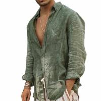 Camisas informales de lino y algodón para hombre, camisas holgadas de manga larga con cuello levantado, color sólido, primavera y otoño - details 0