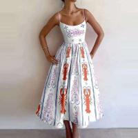 Verano Boho mujer moda pescado y camarón estampado cuello en U cintura plisada con tirantes grandes vestido Maxi Vestidos - details 0